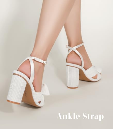 Ankis White Gold Bow Heel Chunky Wedding Shoes for Bride 3.15 Inch High Heel Open Toe Ankle Buckle Strap Dressy Pleated Kont Women Shoe Party Graduation Event Summer4