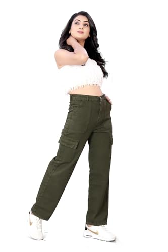 Image of ELLITI Women's 6 Pocket Regular Fit High Rise Relaxed /Boyfriend Fit, Wide Leg, Bell Bottom, Pure Denim Ankle Length Jeans Pants