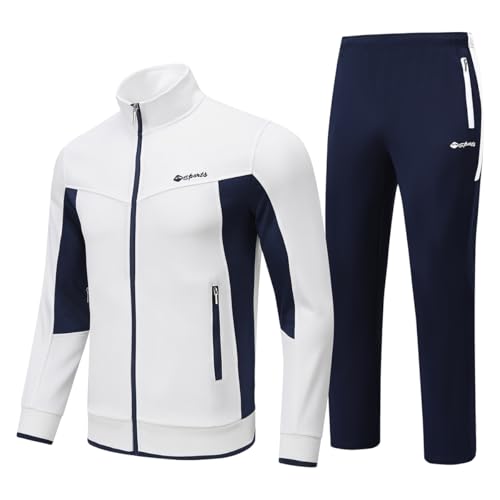 BASUDAM Men's Tracksuits Sweatsuits Set Sweat Track Suits for Men 2 Piece Warm Up Full Zip Athletic Casual Sports Activewear White Navy L