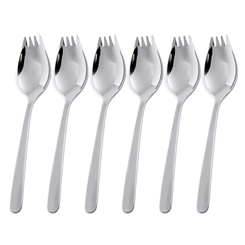 Ninsula Spork 6 Pack Food Grade Sporks Stainless Steel 6 Inch Long 2 In 1 Spoon and Fork Metal Spork for Dessert Ice Cream Salad Soup Noodle Fruit (Silver)