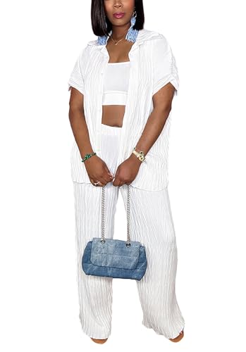 Casual Two Piece Set for Women - Button Down Shirt and Wide Leg Pants Matching Set Tracksuits