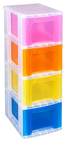 Really Useful Plastic Storage Box Slimline Storage Tower 4x6 Litre Clear Frame with Rainbow Drawers