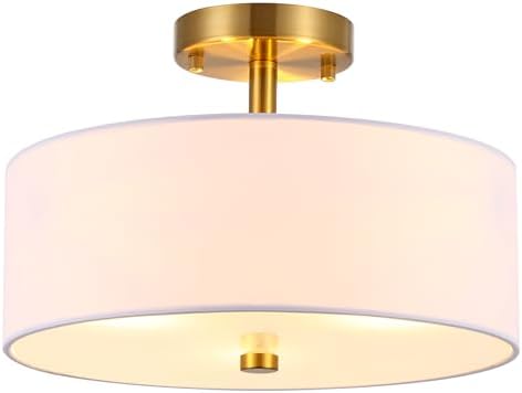 13" Semi Flush Mount Ceiling Light Fixture, 3-Light Gold Drum Light Fixture, Modern Close to Ceiling Light with White Fabric Shade Lamps for Bedroom Living Room Kitchen Hallway Entryway