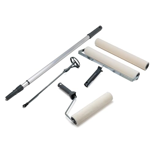 Set attrezzi per pavimenti resina epossidica composto livellante | Rullo per vernice pavimento da 40 cm e 25 cm | Rullo di ricambio da 40 cm | Manico telescopico | Miscelatore elica