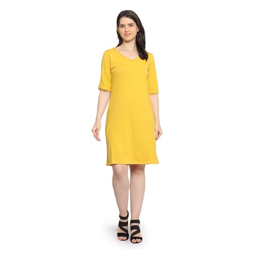 Image of Frenchtrendz Women's Cotton and Back Lace Designer V-Neck A-Line Knee Length Dress