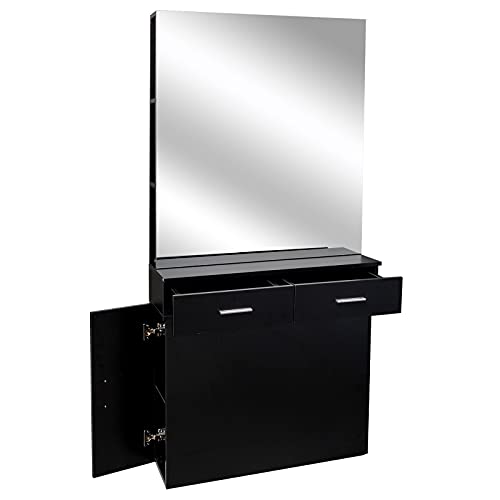 Beauty Hair Salon Spa Equipment Set,Wall Mount Hair Styling Barber Station with Mirror, 2 Drawers & 2 Storage Cabinet, Easy Assembled,Black