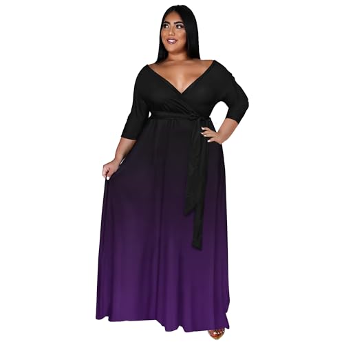 Runwind Plus Size Dresses for Women Gradient Maxi Dress Flowy 3/4 Sleeve with Belt2