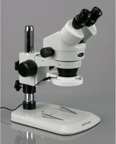 Image of AmScope SM-1BN-64S Professional Binocular Stereo Zoom Microscope, WH10x Eyepieces, 7X-45X Magnification, 0.7X-4.5X Zoom Objective, 64-Bulb LED Ring Light, Pillar Stand, 110V-240V