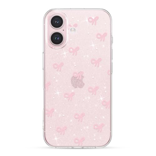 Coque iPhone 16 Plus esthétique transparente avec paillettes roses pour fille