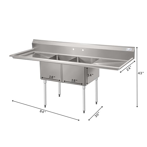 Image of KoolMore 84 in. 18-Gauge 2-Compartment Commercial Sink with Backsplash and 24 in. Dual Drainboards, Bowl dimensions 18 inchx24 inchx14 inch in Stainless-Steel (KM-SB182414-24B3)
