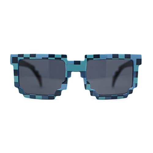 SA106 Boys Kid Size 8-bit Pixel Horn Rim Gamer Plastic Sunglasses Blue Black