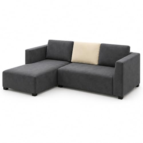 Image of FURNY Olympus 4 Seater LHS L Shape Sofa Set | Plush Velvet Suede Fabric | Modern Design | Soft Comfort Dual Color Cushions for Living Room, Office & Hotels (Dark Grey-Cream)