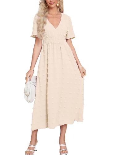 Image of Simplee Womens Boho Maxi Dress Summer Wedding Guest Short Sleeve V Neck Swiss Dot Flowy Dresses