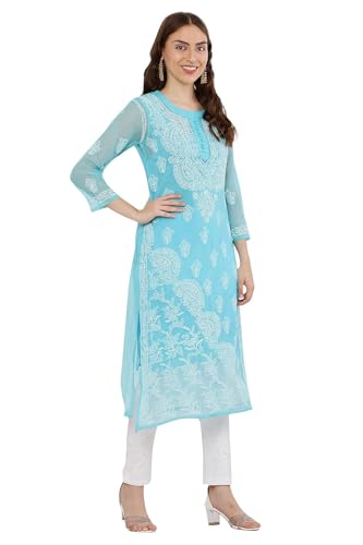 Image of FAWOMENT Women's Designer Straight Georgette Hand Embroidered Lucknowi Chikankari Kurta Designed in Side Jhaar Pattern Alongwith Slip