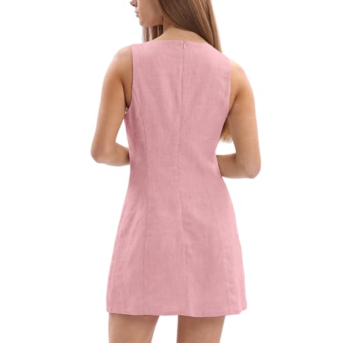 Image of Amazhiyu Womens 100% Linen V Neck Tie Front Mini Tank Dress | Sleeveless Short Dresses, A Line, Plunging Neckline, Lined, No Pocket, Vacation Vibe, Summer Outfits