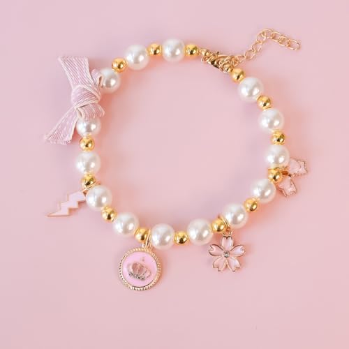 Image of Qiansail Cat Pearl Collars Necklace, Dog Collar with Pendant Pet Cute Princess Bow Crown Fashion Accessories for Puppy Kitten (Pink, M)