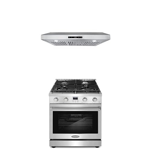 Cosmo 2-Pc Kitchen Appliance Packages, 30" Gas Range w Cast Iron Grates and 30" Under Cabinet Range Hood