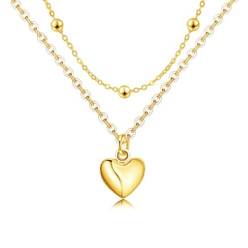 Gold Heart Layered Necklaces for Women - Sterling Silver Adjustable Heart Pendant Necklace Stacked Bead Double Chain Charm Necklace Fashion Gifts for Christmas Birthday for Teen Girls Girlfriend Wife