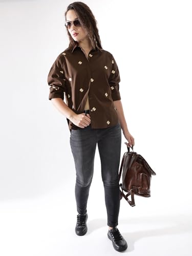Image of High Star Women Embroidered Oversized Spread Collar Long Sleeves Cotton Shirts
