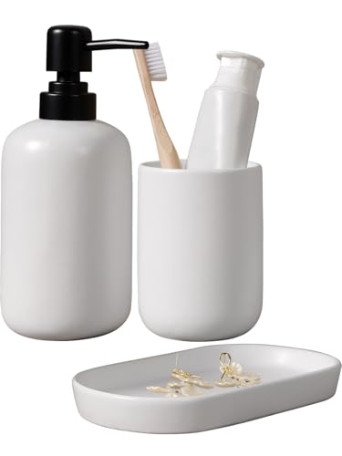 Autumnlife 3-teiliges Badezimmer Set Weiß – Keramik Badzubehör mit Schmalem Seifenspender, Zahnputzbecher & Ablageschale, Dekoratives Bad Set für Gäste-WC, Waschbecken & Hotel Autumnlife 3-teiliges Badezimmer Set Weiß – Keramik Badzubehör mit Schmalem Seifenspender, Zahnputzbecher & Ablageschale, Dekoratives Bad Set für Gäste-WC, Waschbecken & Hotel