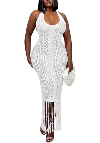 Image of Tcremisa Womens Crochet Knit Maxi Dress Halter Backless Fringe Long Bodycon Dresses Summer Vacation Beach Cover Ups White