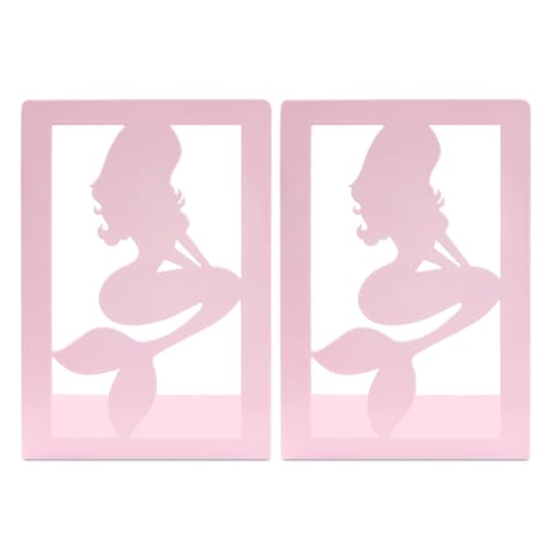 1 Paar rosa Meerjungfrauen-Buchstützen aus Metall, modernes kreatives See-Maid-Muster, ausgehöhlt, rutschfest, Eisen, Buchstützen, Schreibtisch-Organizer, Bücherregal, Halter für Kinder, Mädchen,