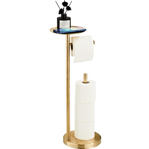 Porte-Rouleau de Papier Toilette sur Pied – Support de Rangement pour Rouleau de Papier Toilette doré avec étagère pour téléphone – Distributeur de Papier Toilette en Acier Inoxydable SUS 304 –
