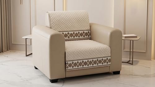 Image of Beige Velvet Sofa Mat, 3+1+1 Set | Full Cover for Seat & Back, Anti-Skid, Machine Washable