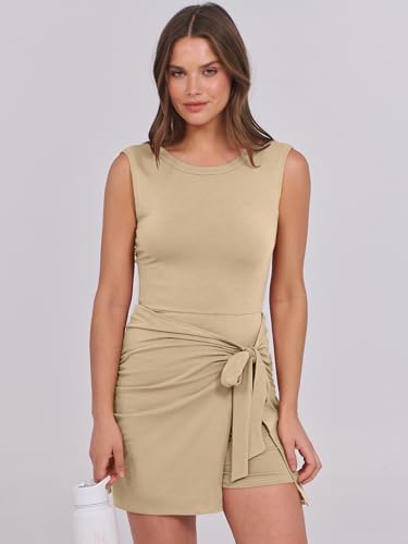 Image of Caracilia Women Summer Sleeveless Bodycon Tie Cinched Waist Romper Skort Mini Dress Built in Shorts Night Out Vacation Dress