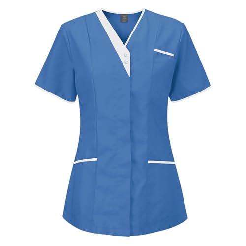 Meichoon Blusa Médica para Mujer Uniforme Médico Cuello en V 3 Bolsillos Manga Corta Slim Fit Ligero Secado Rápido Anti Pilling
