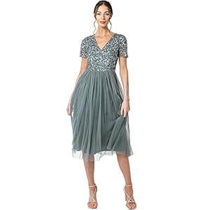 Maya Deluxe Damen Midi-Kleid mit V-Ausschnitt, Verziert Brautjungfernkleid, Grün (Misty Green), 40 EU