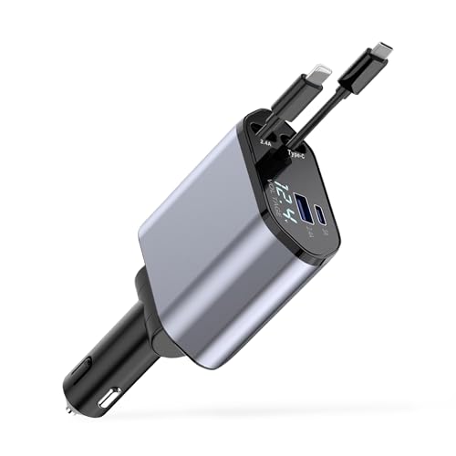 4 en 1 Rétractable Chargeur Voiture, 120W Chargeur Allume Cigare USB C avec Allume Cigare USB, Prise Cigare USB C et Câble Extensible 90 cm, Compatible avec Les Smartphones de Différentes Marques