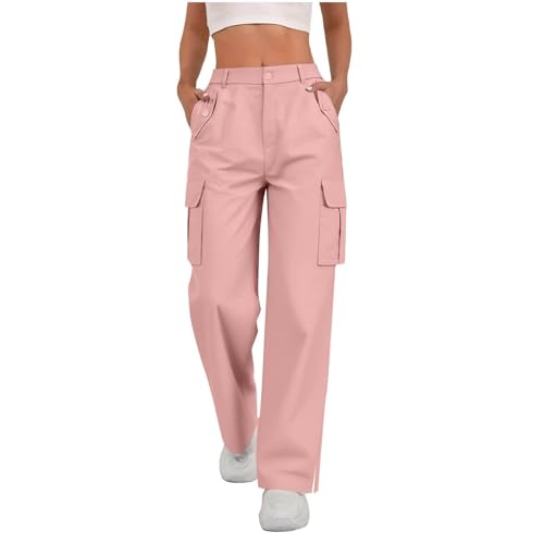 Generisch Pantalones cargo para mujer, pantalones holgados Y2K, pantalones de senderismo de cintura alta, pantalones de trabajo de algodón monocolor, pantalones de trabajo con múltiples bolsillos
