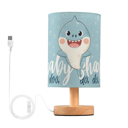 Table Lamp Cute Baby Shark Nightstand lamp Fabric Lamps with Wood Base Fabric Shade Bedside Desk Lamps for Bedroom Living Kids Room Desk Nursery Office Blue Home Decor