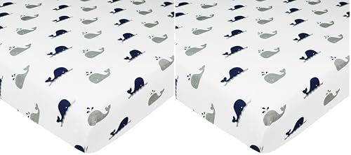 Image of American Baby Company 100% Natural Cotton Fitted Mini Crib Sheet 38 inch x 24 inch - Soft & Breathable Small Nesting Portable Crib Sheet, Fits Pack N Play Mattresses, Navy Whale, for Boys & Girls (Pack of 2)