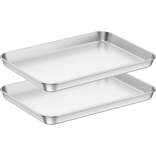 Baking Tray Set of 2 Essentials Stainless Steel Oven Tray Sets Easy Cleaning Rectangle Sheet Oven Tray for Baking Cooking Non Toxic Rust Free Dishwasher Safe (Small Size)