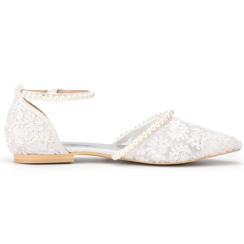 Women's Pearl Lace Ivory Pointed Toe Wedding Flat Bride Dress Shoes3