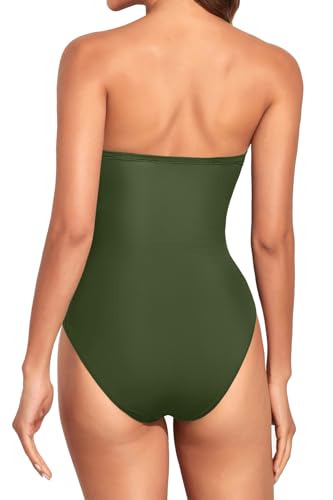 Image of Holipick Women Army Green Sexy One Piece Swimsuit Strapless Bathing Suits M | Bandeau Neckline, Mesh Cutout Design, Push Up Removable Pads, High Cut, Removable Straps, Pool Beach Cruise Resort