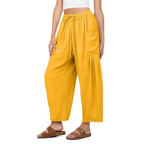 Wide Leg Pants for Women High Waist Drawstring Palazzo Pants Summer Casual Beach Harem Pants Trousers with Pockets Yellow