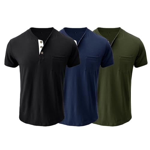 3 Pack Henley Shirts for Men Short Sleeve Button Cotton T-Shirt with Pocket Fashion Casual Front Placket Tee Shirt