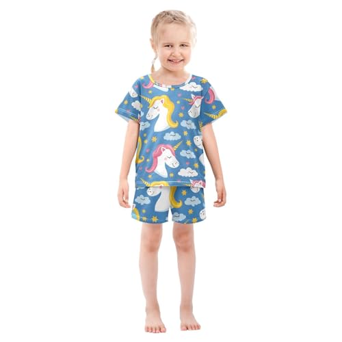 ALAZA Cute Unicorn Cloud Star Blue Pajamas Short Sleeve 2 Piece Sleepwear Top and Bottom Pajama Set Unisex3