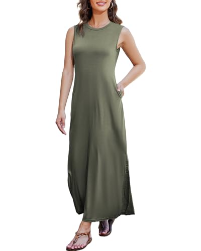 LUYANA Damen Sommer Maxikleid Ärmellos Lange Kleid mit Taschen Olivgrün M