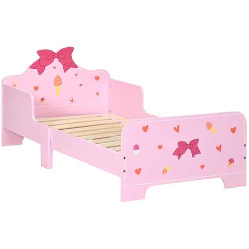 ZONEKIZ Letto per Bambini 70x140 cm con Motivo Cuori e Fiocchi, Lettino per Bambini 3-6 Anni con Sponde Anti-Caduta, Rosa