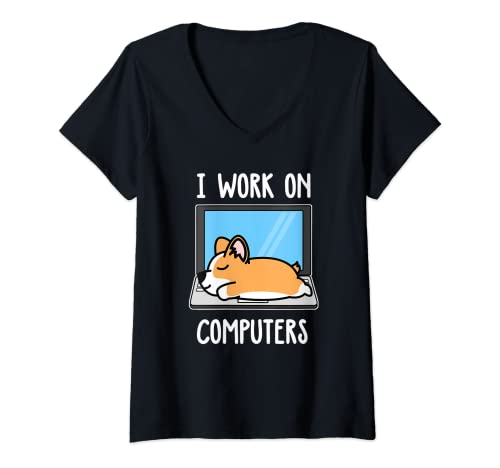 Mujer Corgi I Work On Computer Dog Sleep Puppy Lovers Camiseta Cuello V