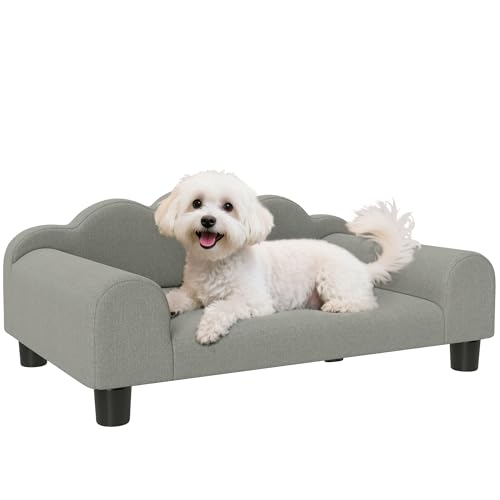 PawHut Divano per Cani Piccoli Morbido con Braccioli di Supporto, Divanetto per Cani in Legno e Tessuto French Terry, 66x42x28.5 cm, Grigio