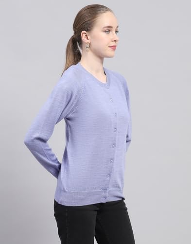 Image of Monte Carlo Womens Solid Blue Round Neck Full Sleeve Cardigan
