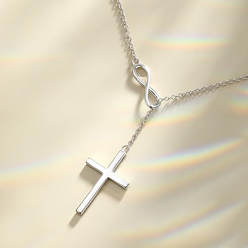 FANCIME White Gold Plated 925 Sterling Silver High Polished Infinity Cross Pendant Lariat Necklace Y Necklace Easter Gift for Women Girls, 18" - Image 5