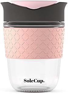 SoleCup - Reusable Strengthened Glass Travel Cup - Spill Proof Insulated Coffee Mug - 12oz/340ml BPA-Free Hot Drink Travel Mug with Lid & Silicone Band (Black)