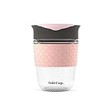 SoleCup. - Reusable Strengthened Glass Travel Cup - Spill Proof Insulated Coffee Mug - 12oz/340ml BPA-Free Hot Drink Travel Mug with Lid & Silicone Band (Grey and Pink, 12oz / 340ml)
