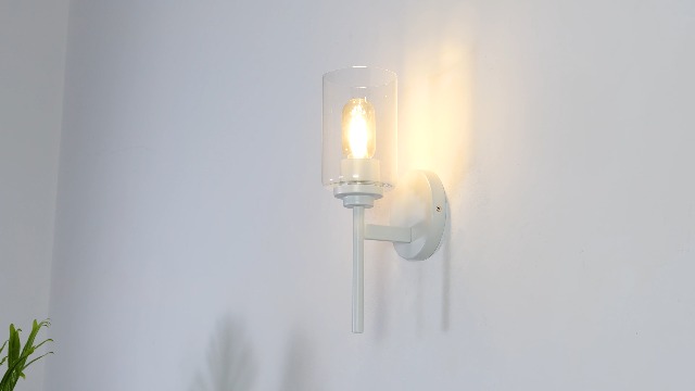 Image of JONATHAN Y 13 inch White Clear 1-Light Metal Cylinder Wall Sconce Farmhouse Industrial Modern Indoor Lighting for Hallway Bathroom with Glass Shade LED Bulb Included JYL9547E